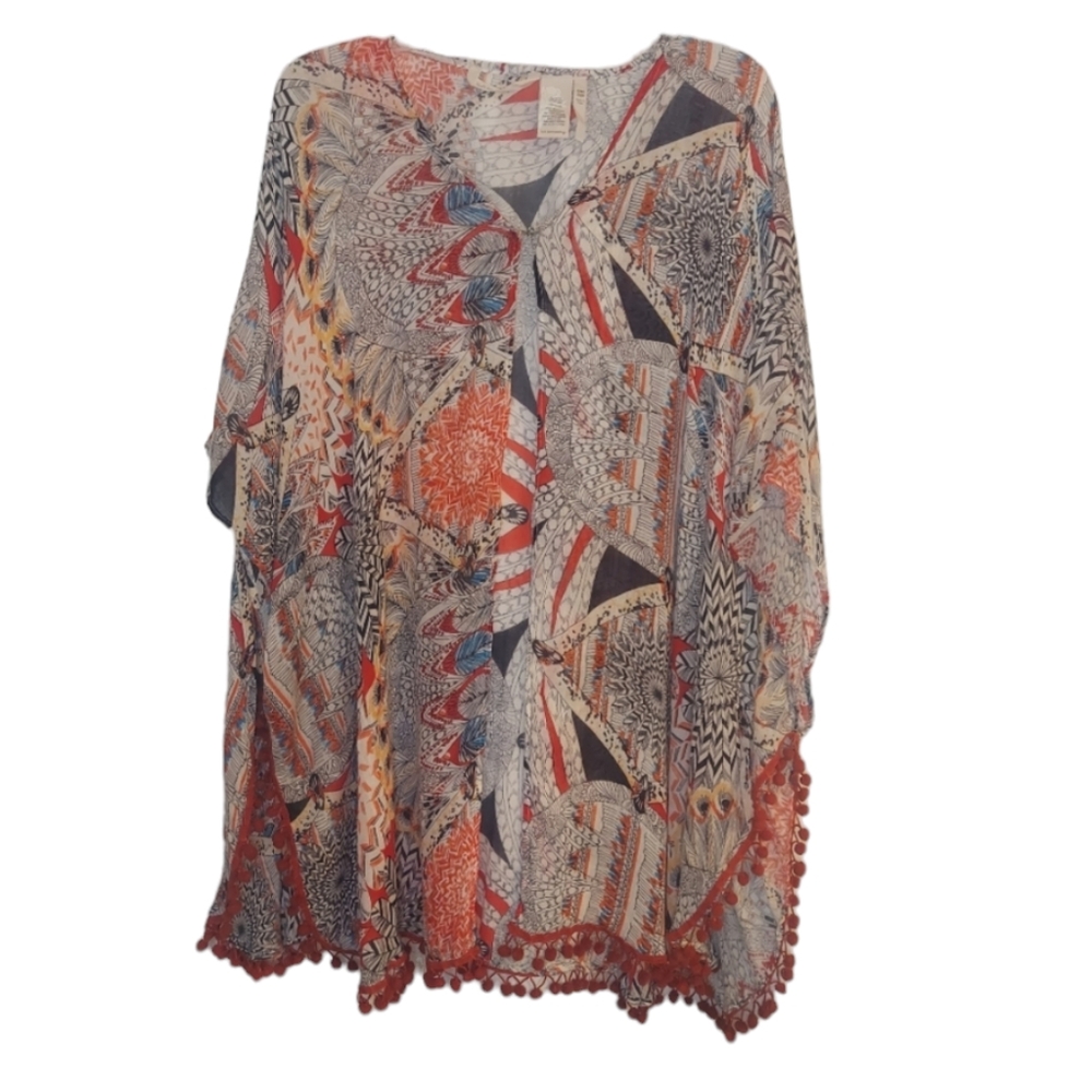 Soft Surroundings Kimono Topper Colorful Patterned Boho Pom Poms One Size